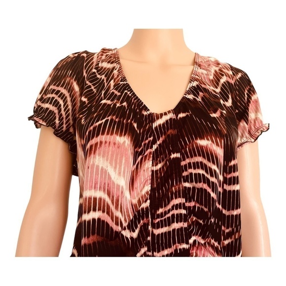 Worthington stretch flowy blouse/top geometrical ruched front bell short sleeves - Picture 4 of 13